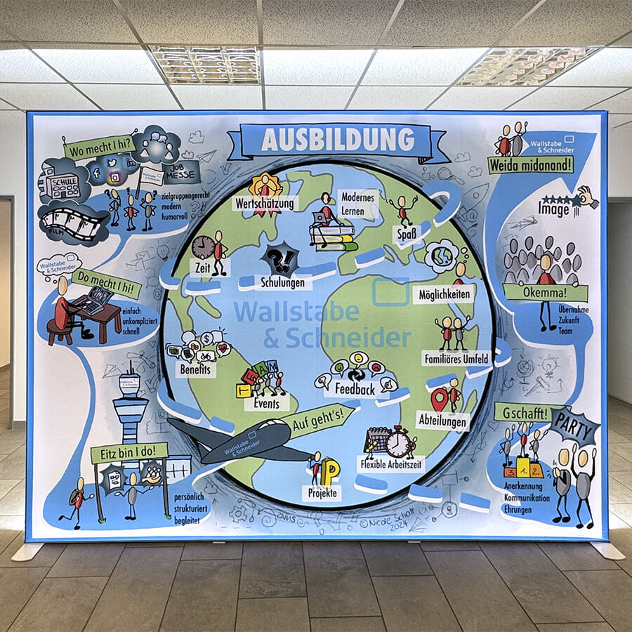 Messewand mit bedruckten Tuch bespannt, beleuchtet